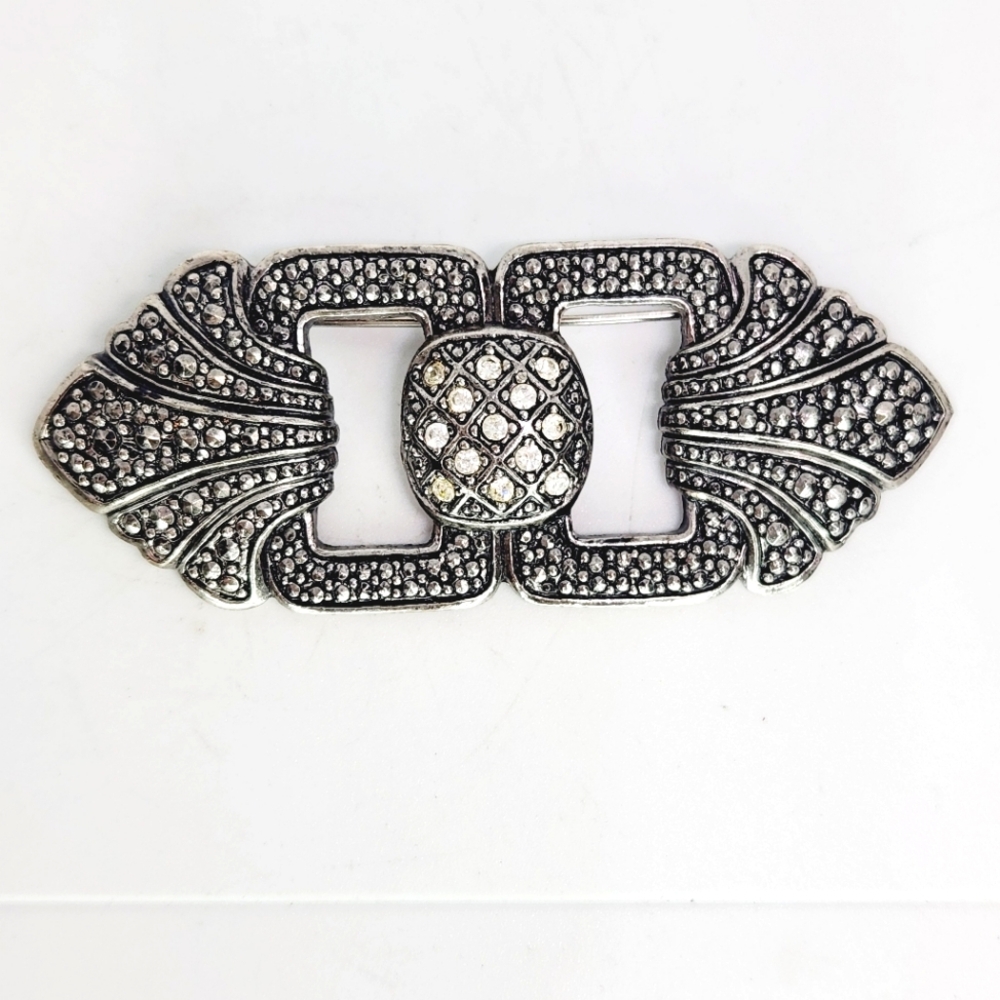 Avon Bold Romance Art Deco Pin Brooch Silver Tone Rhinestone Marcasite Vintage